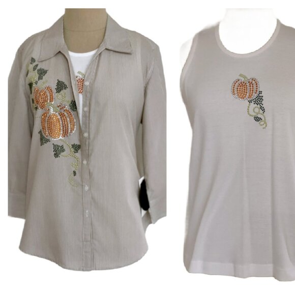 Tia Womens Brown Button-Up Shirt White Tank 2-pc Set FALL Pumpkins beaded - Picture 1 of 11